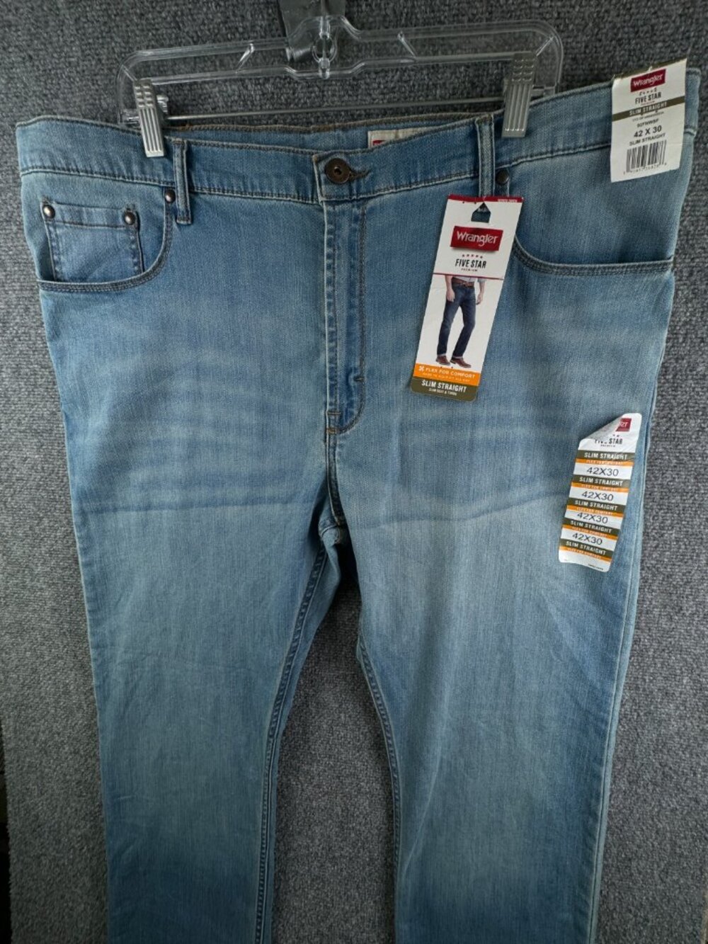 NWT Wrangler Premium Men Slim Straight Stretch 42x30 Denim Jeans Flex Adult